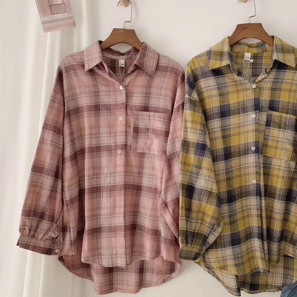 ÁO SƠ MI KẺ CARO ULZZANG OVERSIZE - SƠ MI TÚI NGỰC NHIỀU MÀU