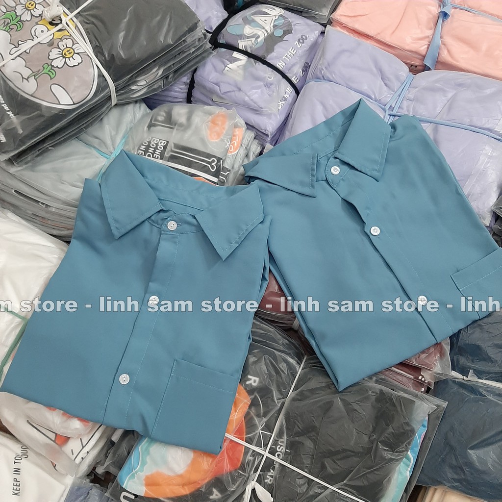 Áo sơ mi nữ cổ bẻ tay lỡ dáng ulzzang freesize form rộng unisex TRƠN MÀU XANH DƯƠNG | BigBuy360 - bigbuy360.vn