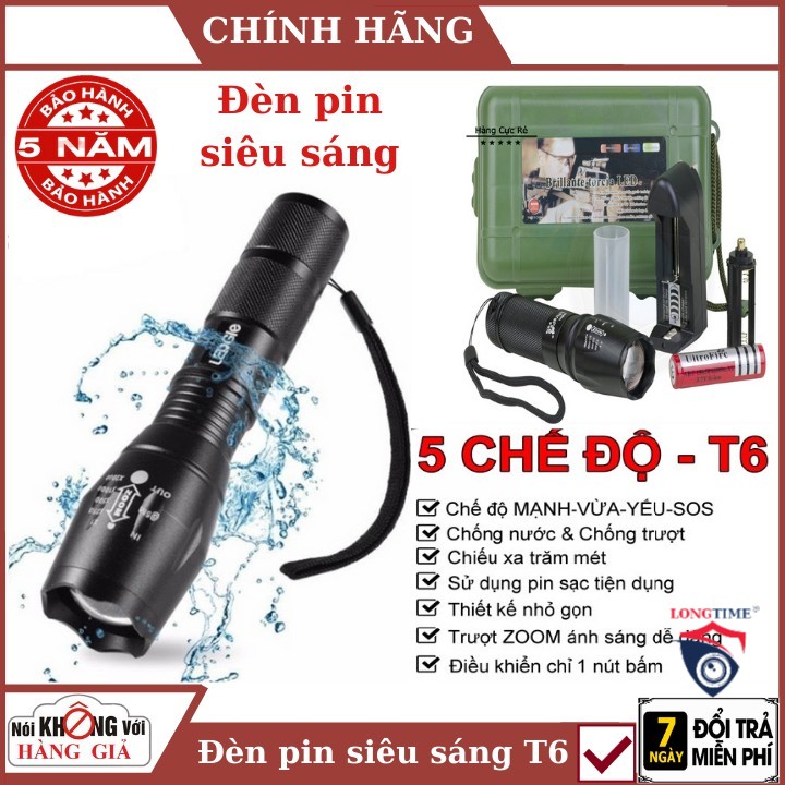 Đèn pin siêu sáng 5 chế độ cao cấp XML - T6 - sạc pin - chiếu siêu xa - đèn pin sạc được - sản phẩm chính hãng