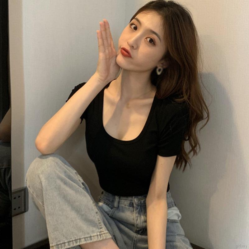 Áo Thun Lửng Tay Ngắn Cổ Vuông Màu Trơn Phong Cách Hàn Quốc