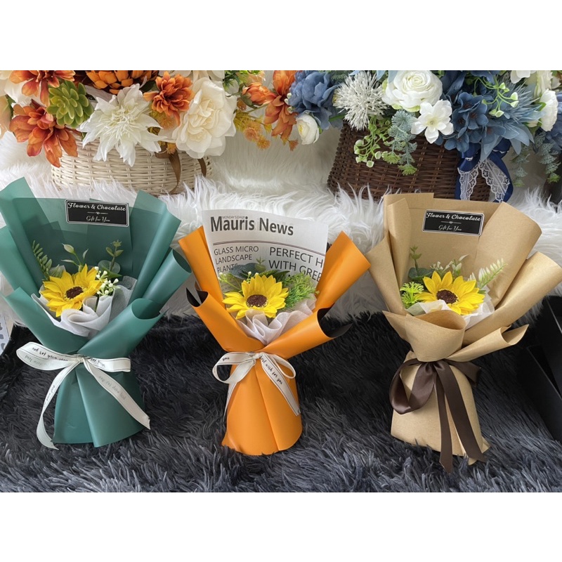 Bó hoa sáp hướng dương 1 bông mix cỏ điểm, hoa sự kiện