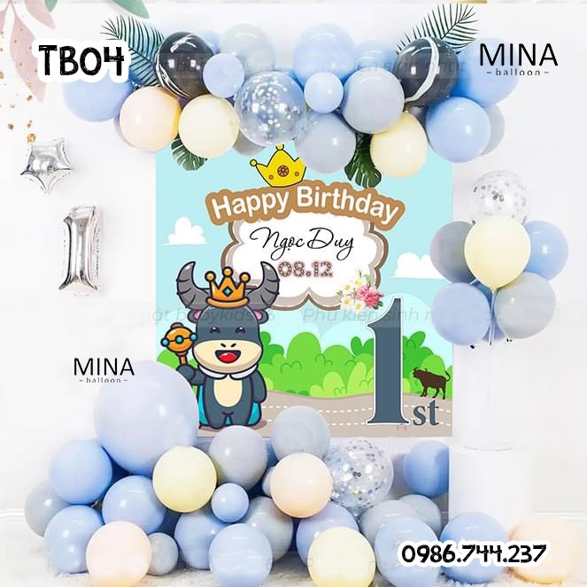 Set Bóng Trang Trí Sinh Nhật Kèm Phông In Tên Tuổi Bé Hình Trâu