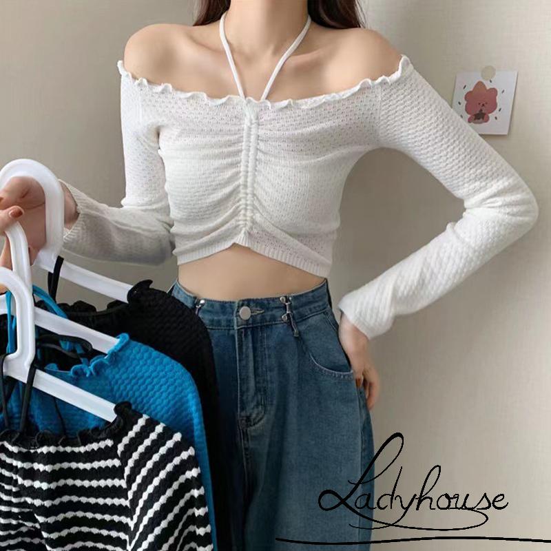 Áo Dệt Kim Ngắn Mỏng Vừa Vặn Cổ Treo Thiết Kế Dây Rút Thời Trang Mùa Thu Mới Cho Nữ