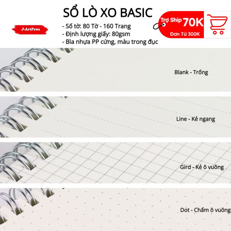 Sổ Lò Xo Basic DOTTED GRID LINE BLANK Sổ Lò Xo Bullet Journal Take Note Planner Khổ A6 A5 B5 A4 Sẵn Giấy J-ArtPens