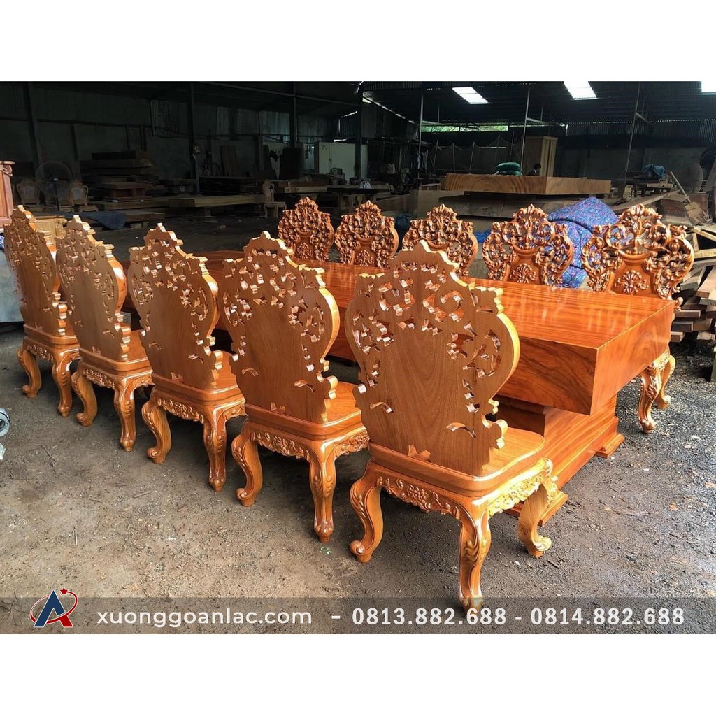 Bộ bàn ghế nguyên khối gỗ gõ đỏ 10 ghế louis hoàng gia vip