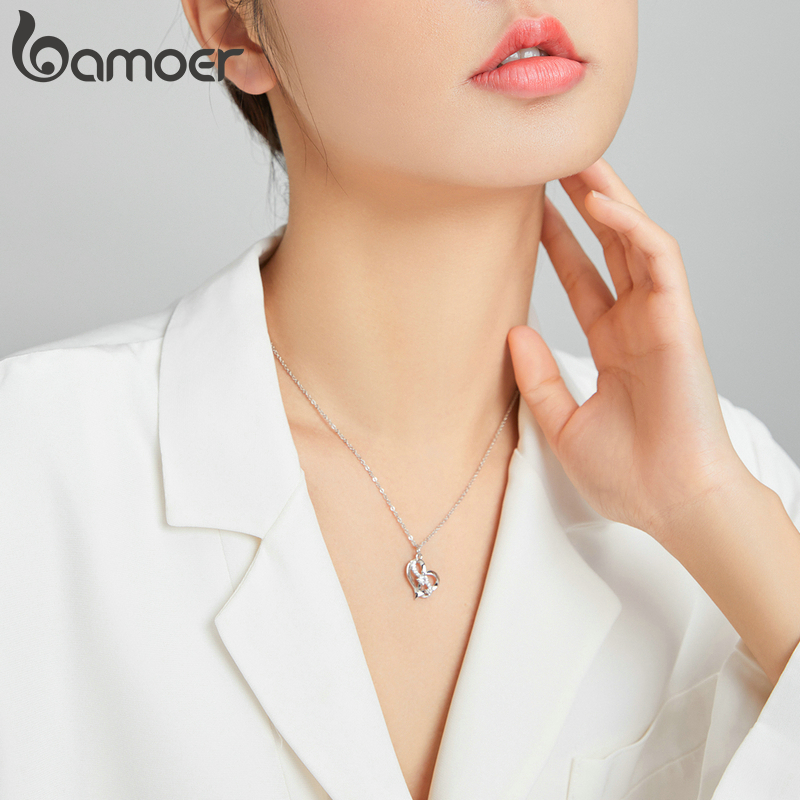 Vòng Cổ Bamoer SCN442 Bằng Bạc 925 Bạch Kim Với Mặt Hình Trái Tim &amp; Đá Zircon Khối Thời Trang Cho Nữ