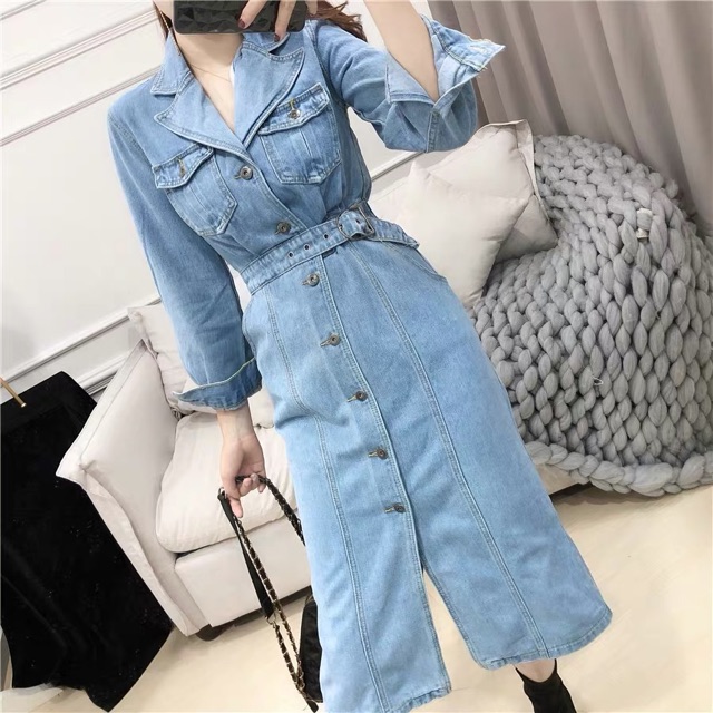 Đầm jeans denim tay dài thật eo