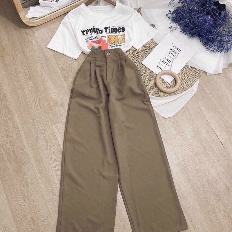 Set áo thụ và quần dài culottes xanh rêu