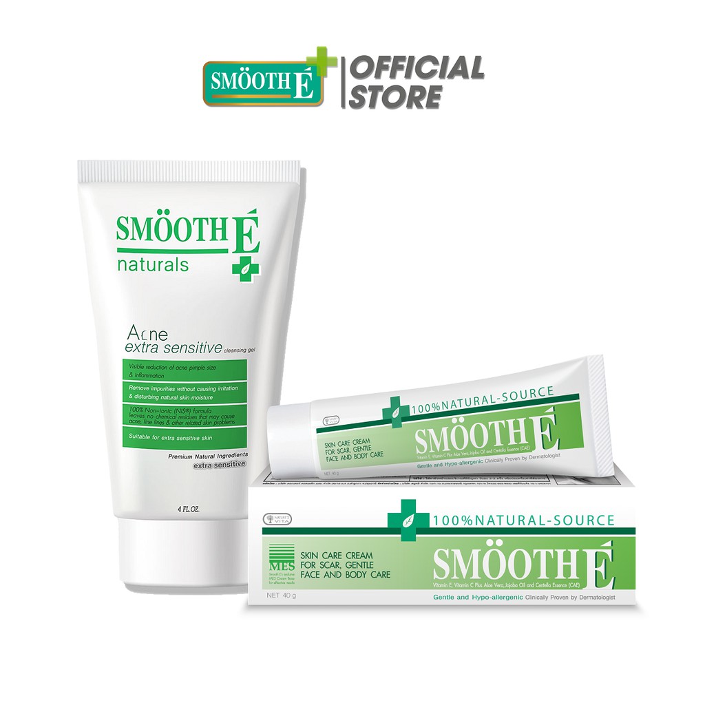 Smooth E VN - Bộ đôi sạch mụn Acne Extra Sensitive Cleansing Gel 120ml và kem dưỡng mờ thâm Cream Natural Source 40g