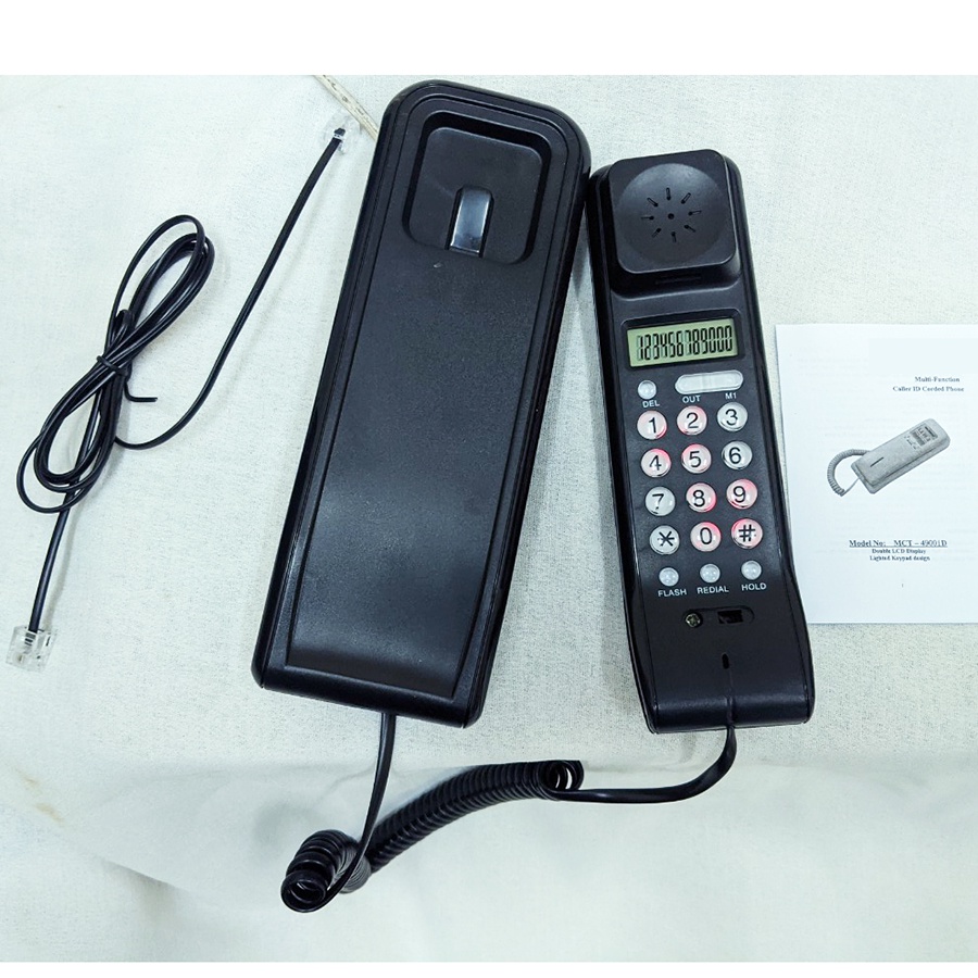 Điện thoại cố định có dây bàn phím trên tay cầm, 2 màn hình hiện số gọi tới, treo tường, cho hotel, cty, gia đình.