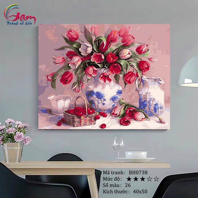 Tranh sơn dầu số hoá DIY tự vẽ bình hoa tĩnh vật - Mã BH0738 Hoa Tulip và cherry