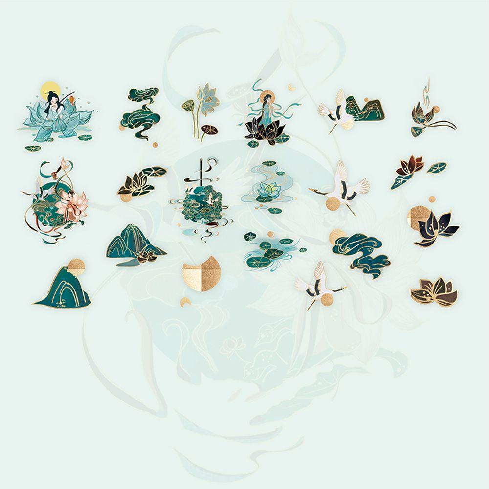 Bộ 40 tấm sticker PVC SJJL hình hoa sen kiểu Trung Quốc dùng trang trí sổ tay/sổ tay