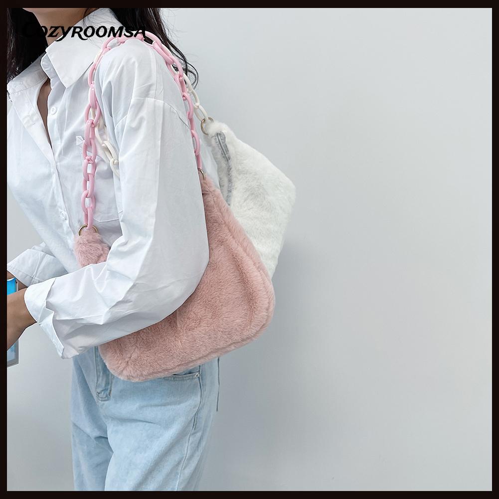 Túi xách kẹp nách đeo vai phủ lông phối dây xích acrylic phong cách cổ điển thời trang mùa thu dành cho bạn nữ