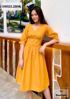 Đầm Xoè Tay Phồng Đính Nút Đẹp