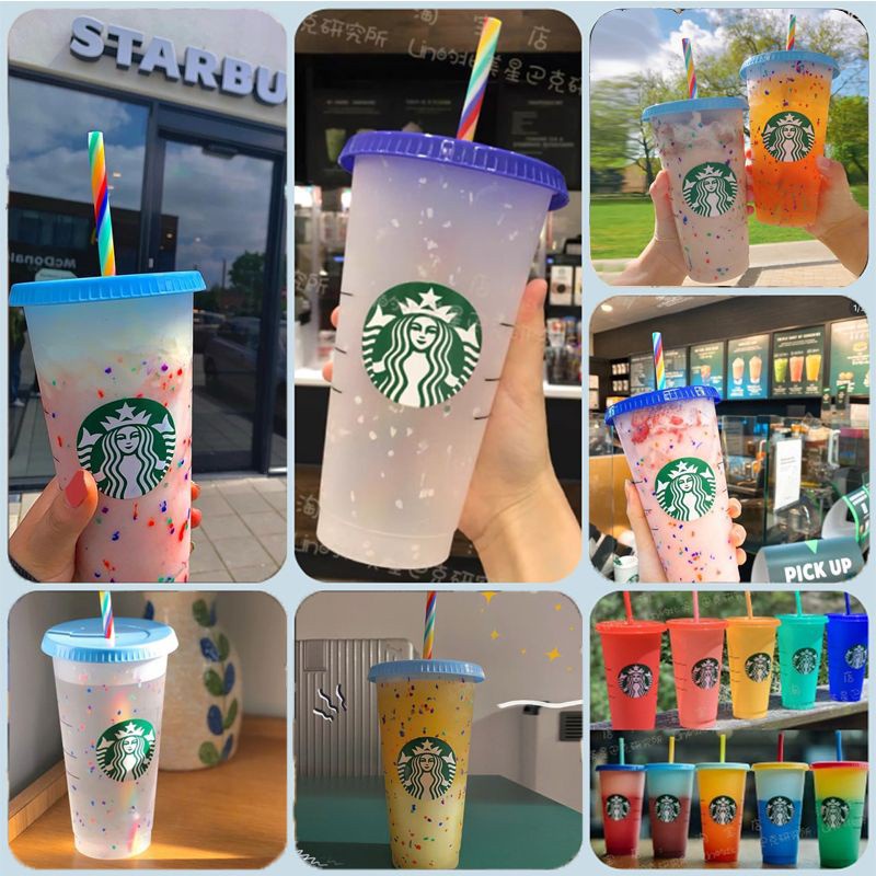 Cốc nhựa uống nước in hình Starbucks đổi màu có nắp tái sử dụng được 24 oz