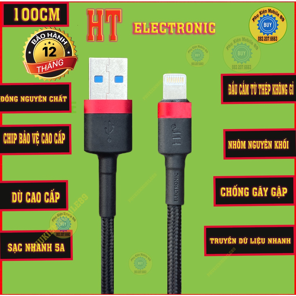 Dây sạc ip/tablet táo HT Electronic BC01 hỗ trợ sạc nhanh cho IP5 đến 13 Bọc dù Chống đứt