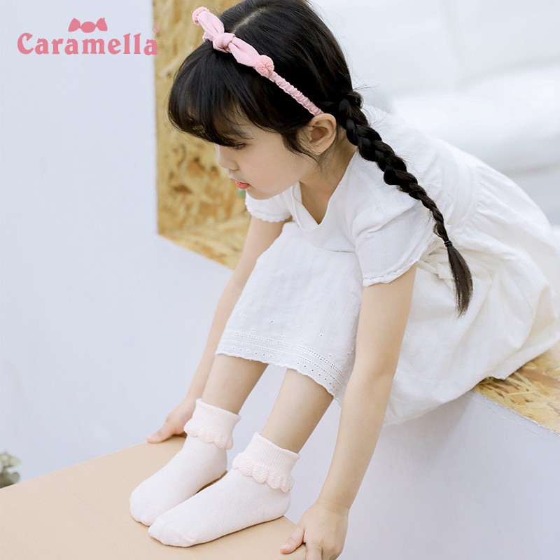 Tất cotton trơn màu trẻ em hiệu CARAMELLA 5 đôi vớ nhún bèo dễ thương