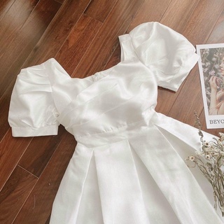 Đầm vintage, váy xoè, váy dự tiệc trắng cổ V đắp chéo (kèm hình thật)