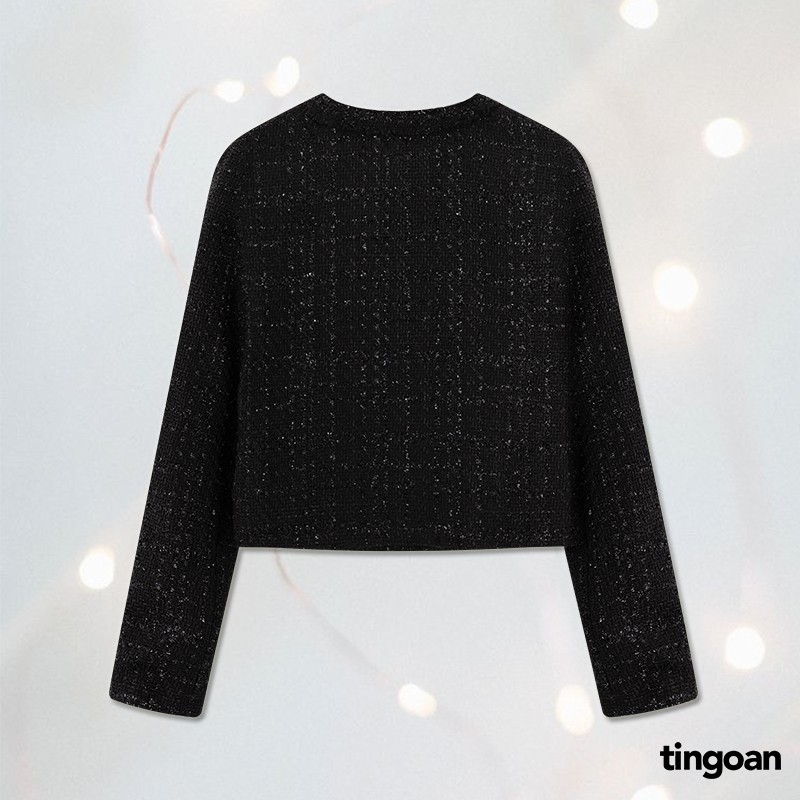 TINGOAN®  - Áo khoác tweed lửng phẩy đen có cúc cài tingoan FLORENCE JACKET V2/BL