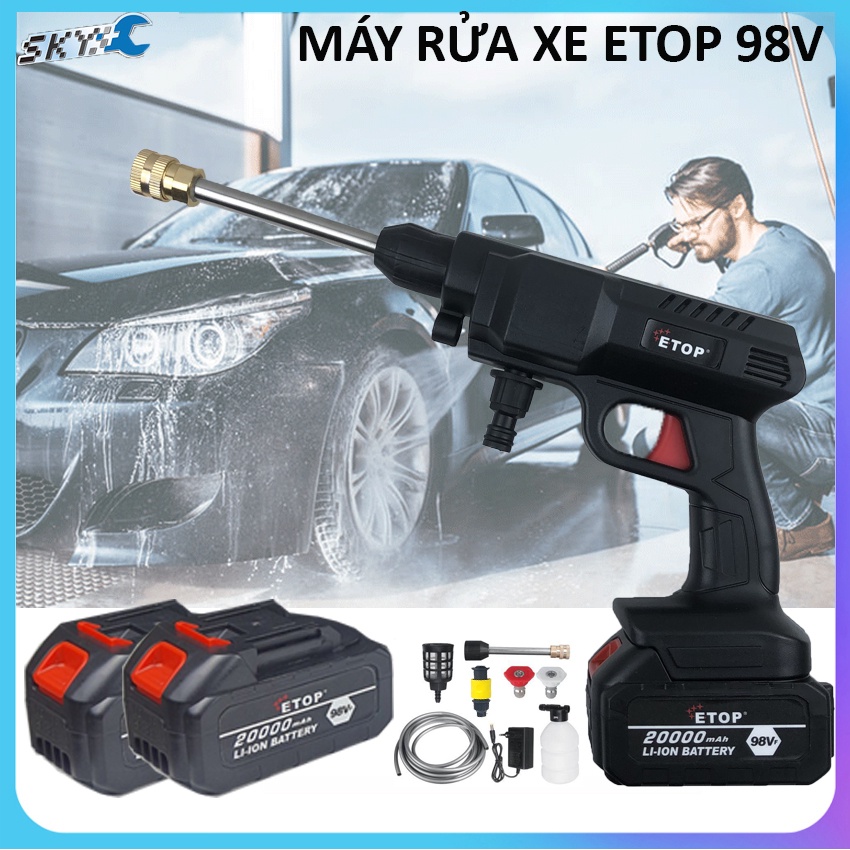 Máy rửa xe cầm tay dùng pin 98v, trọn bộ đầy đủ phụ kiện, pin 20000mAh, vệ sinh sân vườn, phụt rửa áp lực cao