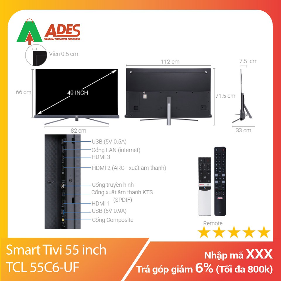 [ CHÍNH HÃNG ] Smart Tivi 55 inch TCL 55C6-UF, 4K ULTRA HD