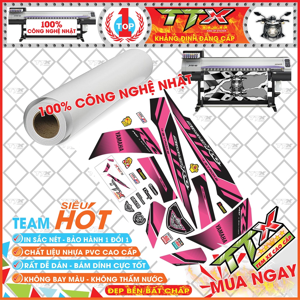 Tem Xe Sirius RC Hồng Đen Trắng - Tem Dán Xe Sirius 110 Trắng Hồng Đen Siêu Đẹp - Mẫu Tem Rời Sirius Hồng Đen