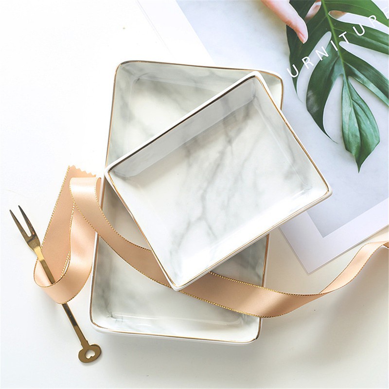 2 Pcs Nordic Style Marble Painting Phnom Penh Ceramic Jewelry Plate Ring Necklace Cosmetic Snack Dried Fruit Storage Tray Organizer - L & S