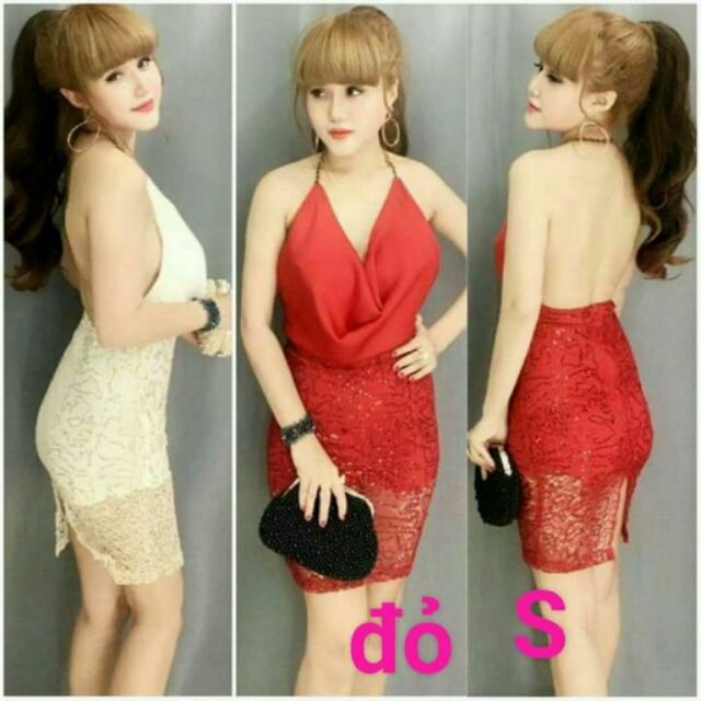 Đầm body yếm dây xích hở lưng phối ren