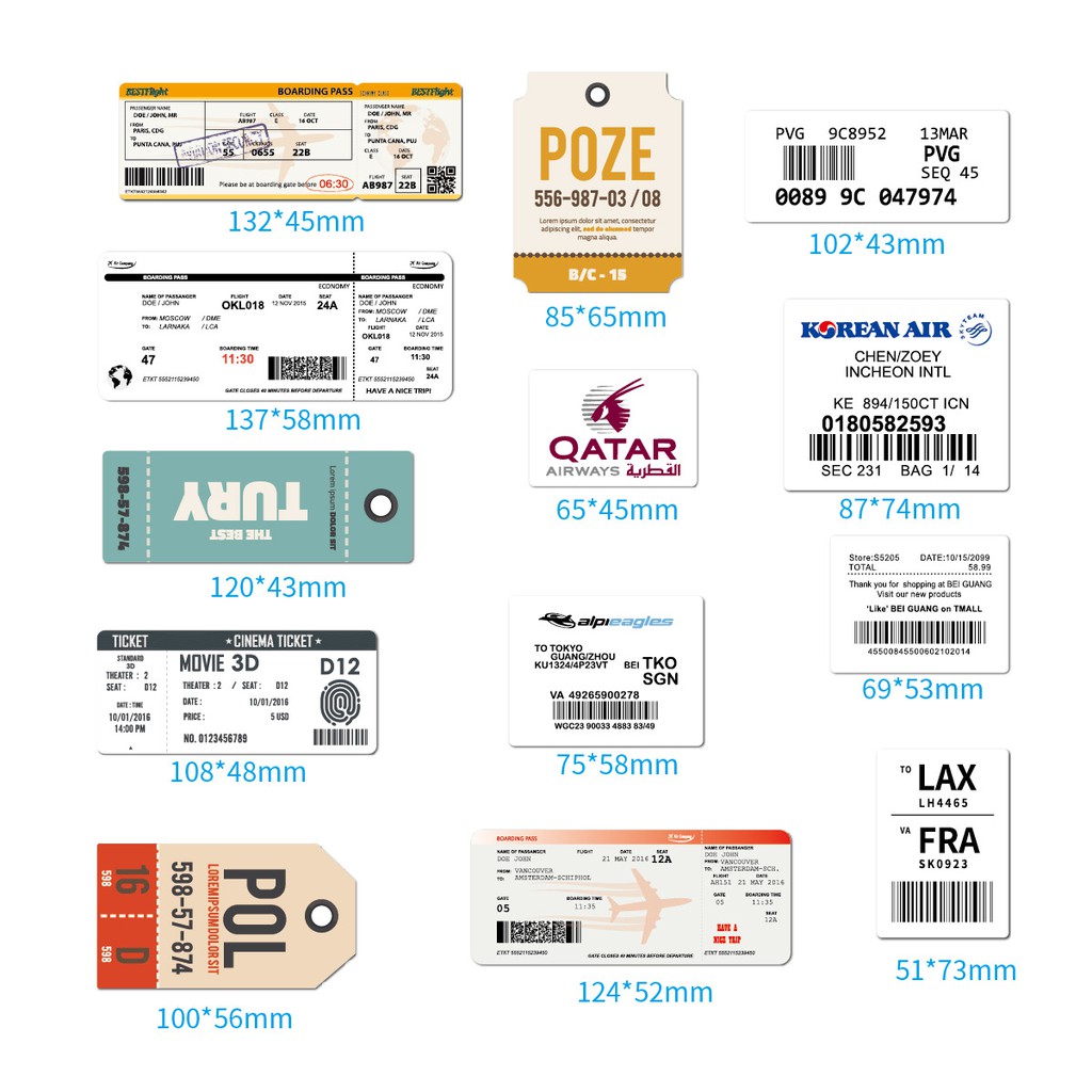 Y&P| Bộ 30 nhãn dán họa tiết hoạt hình Airline Boarding Pass