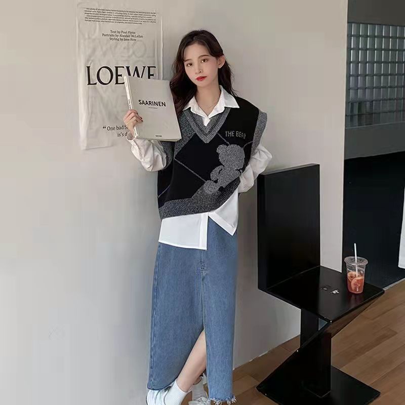 Áo khoác len không tay in hình gấu thời trang Hàn Quốc