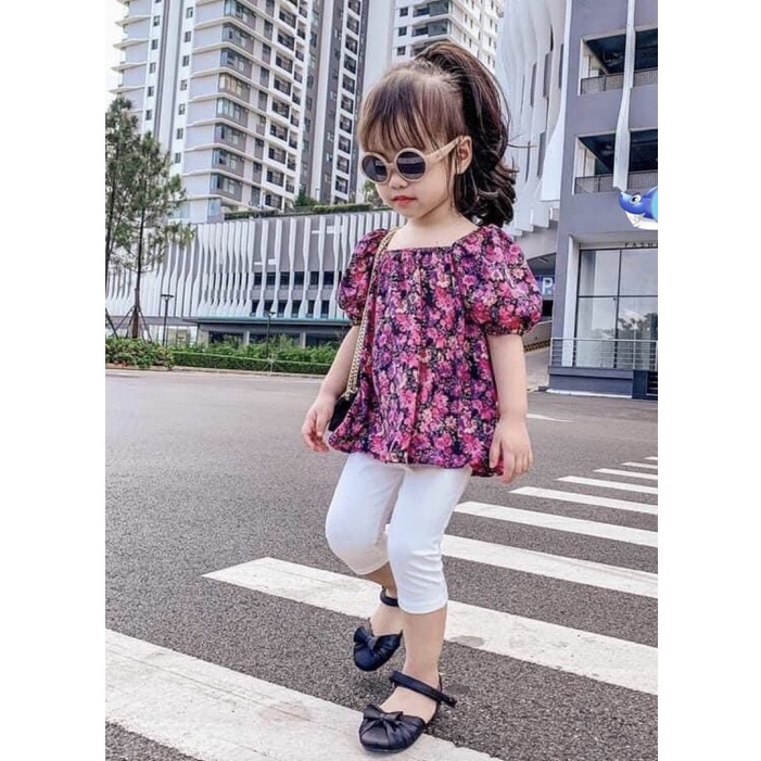 Đồ bộ bé gái, Set áo hoa tím cổ vuông tay bồng và quần legging vải zip tăm đáng yêu cho bé từ 7 đến 18 kg, SUN KID'S