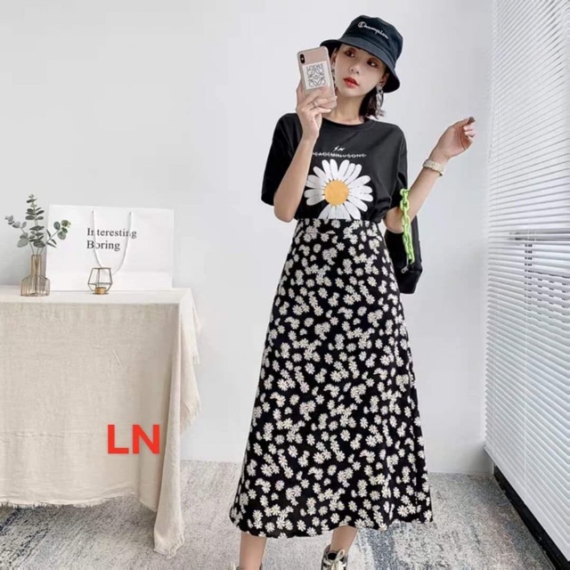 Set chân váy hoa cúc họa mi + áo thun hoa cúc thiếu cánh
