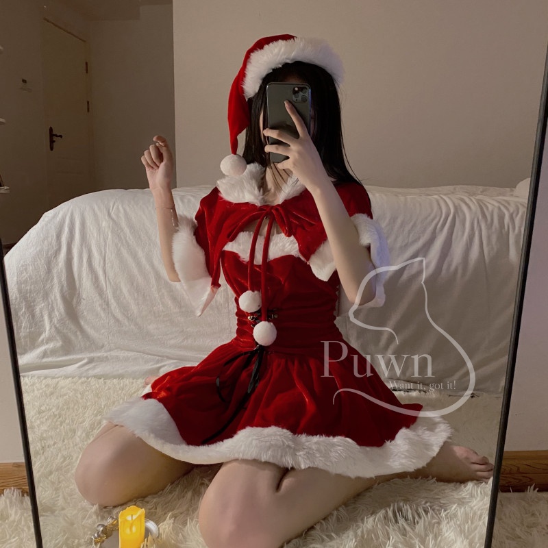 Váy Giáng Sinh đỏ cúp ngực có dây rút sexy quyến rũ Puwn Shop