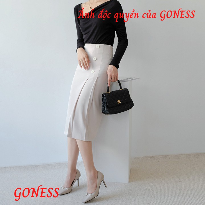 Chân váy dài chữ a GONESS xếp ly dài qua gối, chất vải mềm kiểu dáng công sở cho phái nữ | BigBuy360 - bigbuy360.vn