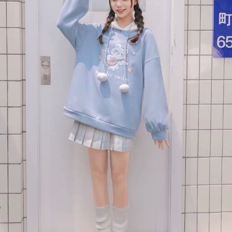 Áo hoodie nhung dày xinh xắn phong cách Nhật Bản thời trang dành cho nữ