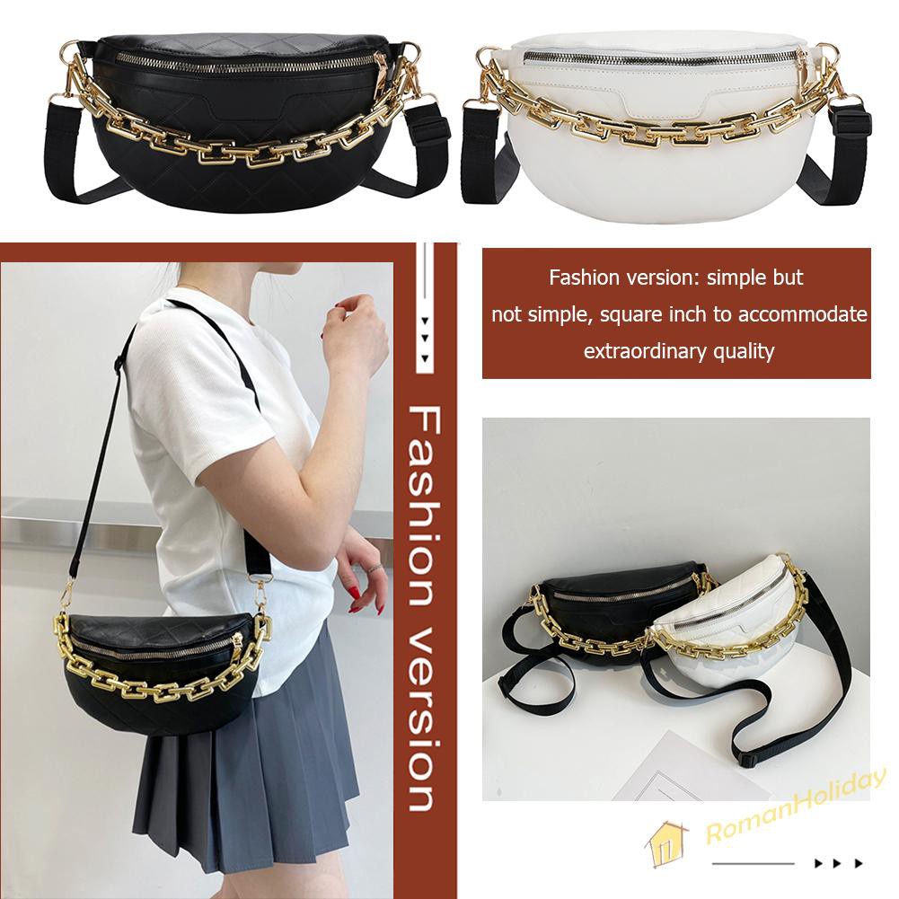 【On Sale】Vintage Women Pure Color PU Waist Chest Crossbody Bag Thick Chain Handbag