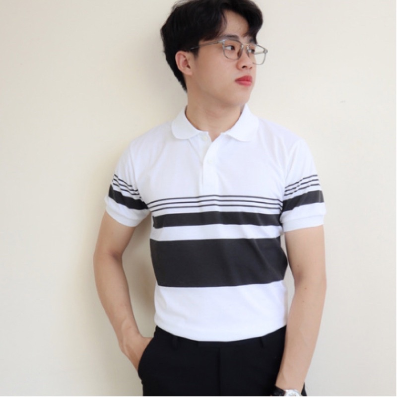 Áo Polo nam cao cấp cổ bẻ phối sọc ngang đen trắng form ôm dáng chuẩn đẹp chất thun lạnh cotton thoáng mát