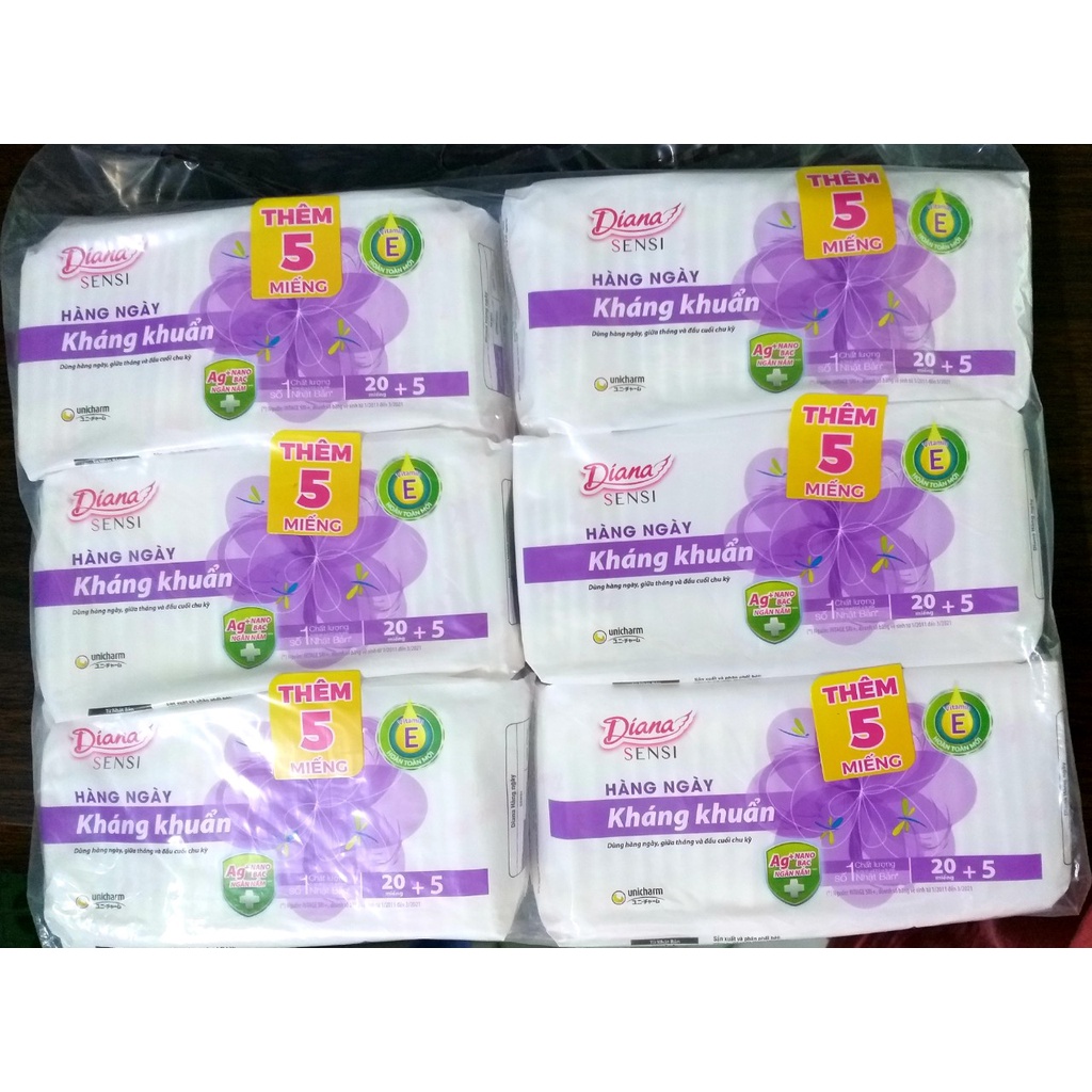 {TẶNG 5 MIẾNG}-COMBO 6 GÓI BĂNG VỆ SINH HÀNG NGÀY DIANA KHÁNG KHUẨN 8/20 MIẾNG DÀI 15CM