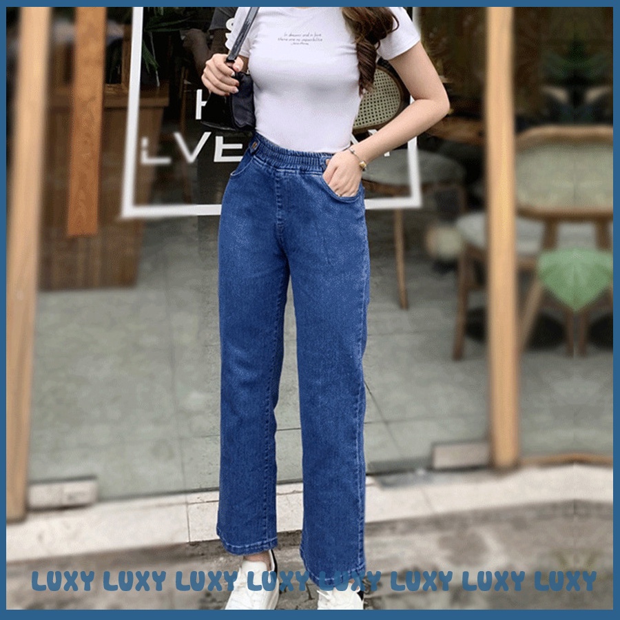 Quần jean nữ cao cấp ống rộng cạp chun co giãn 4 chiều V195 Luxy đủ size từ 40kg-75kg