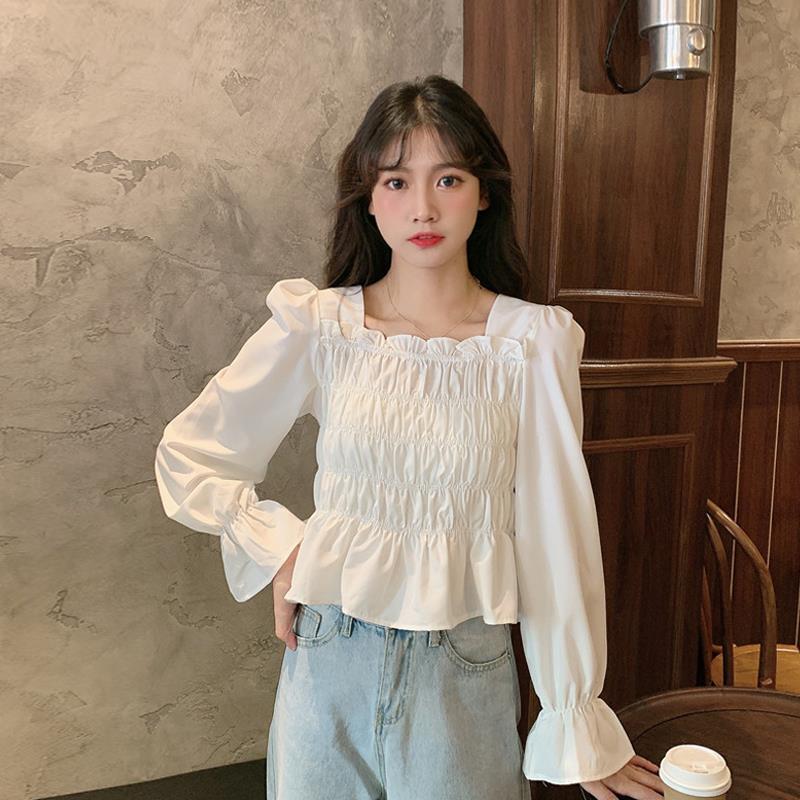 Áo Kiểu Nữ Korean Fashion new Blouse Square Collar Pleated Short Top White Long Sleeve Shirt