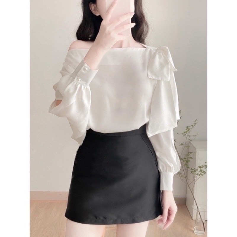 Áo sơ mi lụa nơ vai