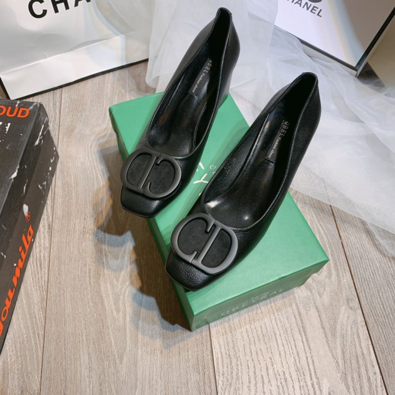 X(ẢNH THẬT) Giày Cao Gót Vuông 6p Khoá CD Da Thật Siêu Mềm QBEY Fullbox Cao Cấp