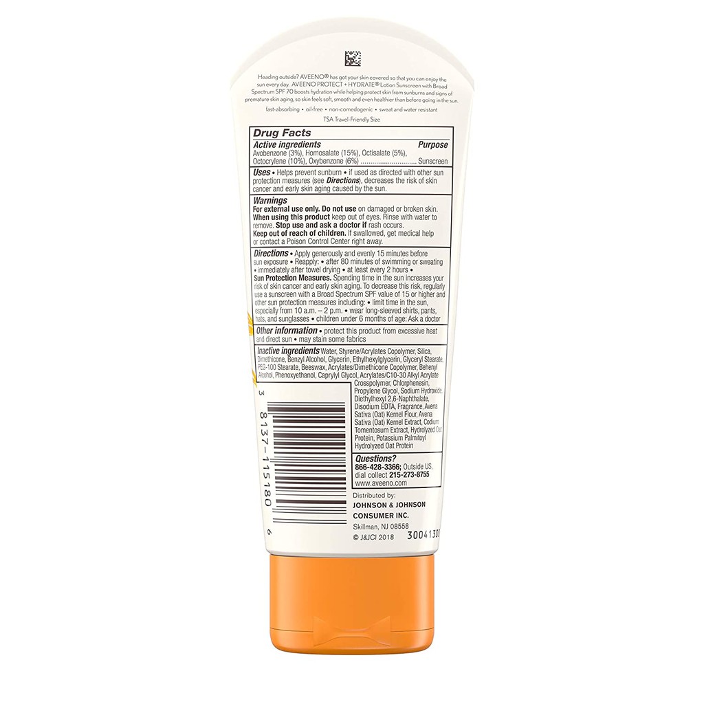 [Hàng Mỹ] Kem chống nắng dưỡng da dành cho body và mặt SPF70 Aveeno Protect + Hydrate 85g