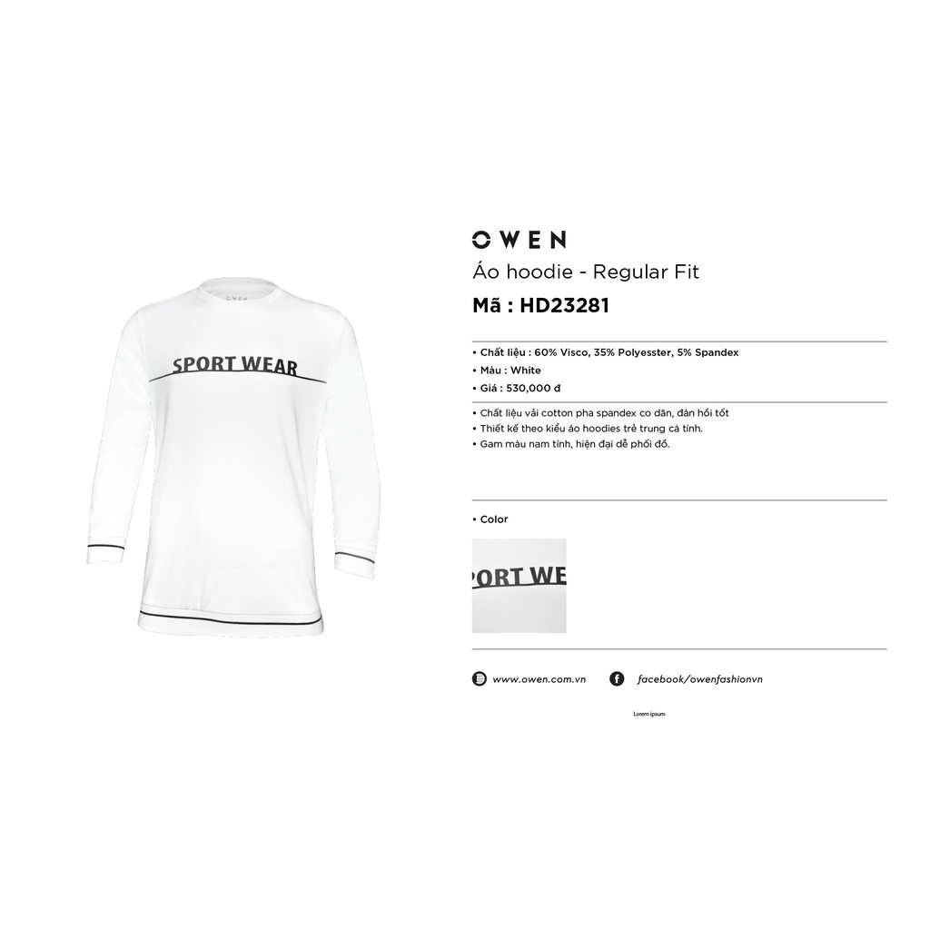 Áo Thu Đông Nam Thun Dài Tay Cao Cấp OWEN HD23281 Cổ Tròn Tay Và Gấu Áo Suông Màu Trắng In Chữ Ngang Ngực Chất Visco