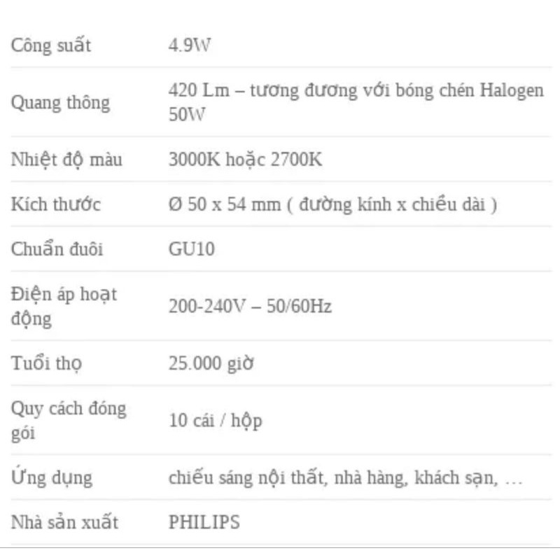 Q1 HCM Bóng led Master GU10 4.9w dimmer Philips. Ánh sáng 3000K/2700k góc chiếu 36 độ. điện áp 220V