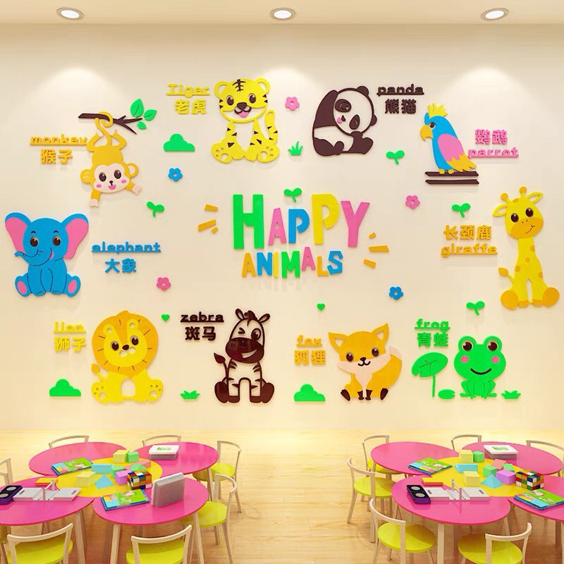 Tranh dán tường Mon Mon - Decal mica happy animail, thế giới động vật, cùng bé học Tiếng Anh với các con vật