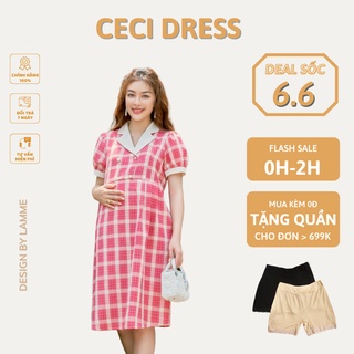 Đầm bầu công sở Ceci họa tiết kẻ caro hồng dáng suông cổ sơ mi bẻ thiết kế bởi LAMME