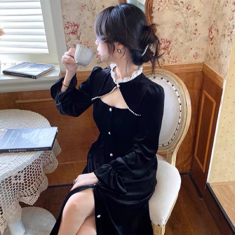Đầm Maxi đen Tay Bồng Dự Tiệc - Váy tiểu thư ullzzang tay dài cổ khoét tam giác màu đen