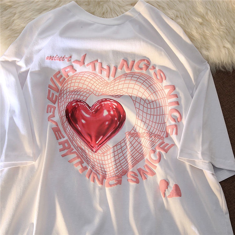 Áo thun COZOKC tay ngắn dáng rộng in hình trái tim thời trang