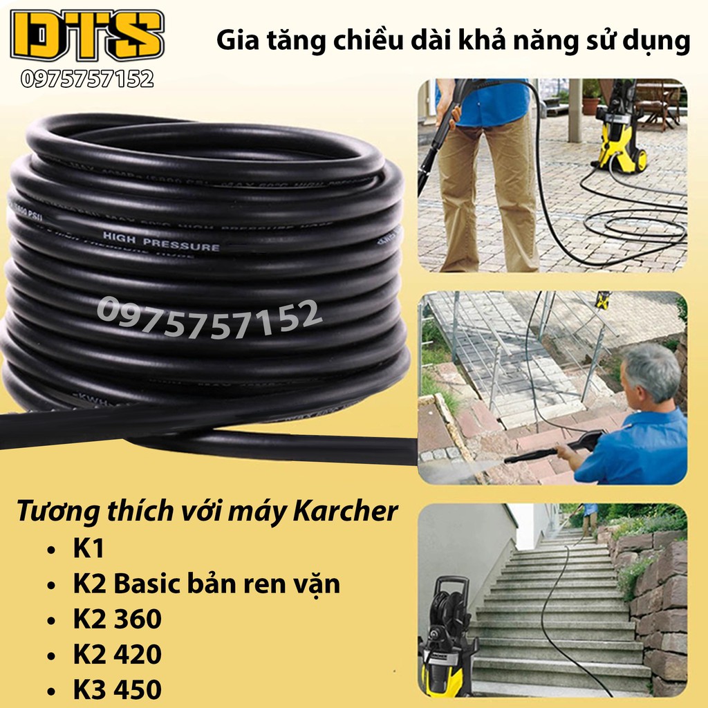 10m Dây áp lực máy rửa xe Karcher - Dây phun thay thế máy xịt rửa áp lực Karcher K2 - K7 (1 đầu nối nhanh & 1 đầu vặn)